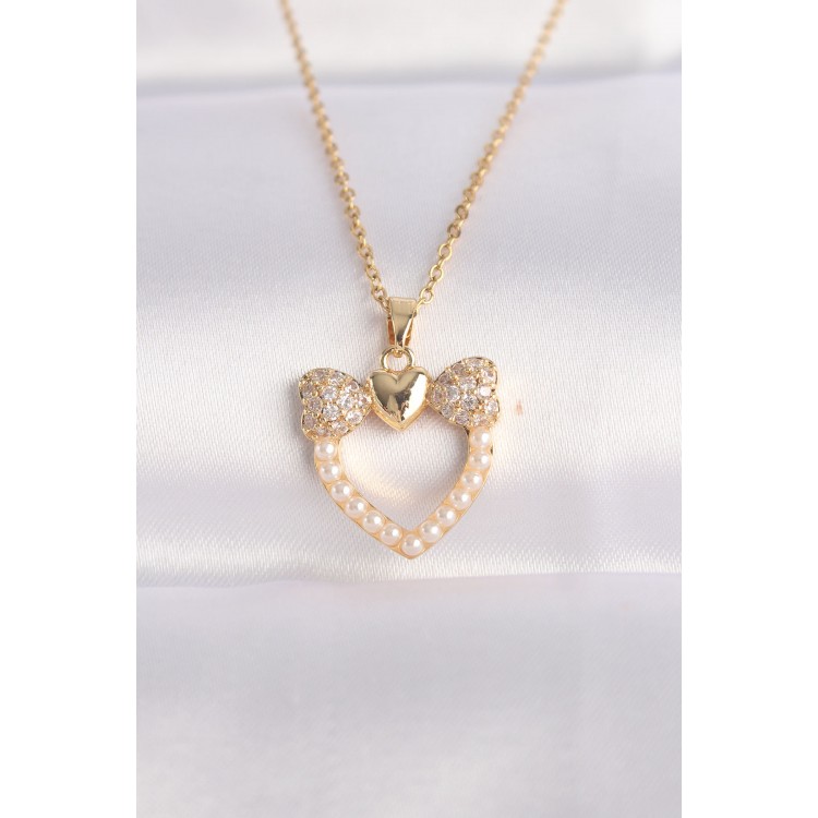 316L Stainless Steel Chain Gold-Tone Pearl Detail Zircon Stone Heart Necklace - TJ-BKO8630