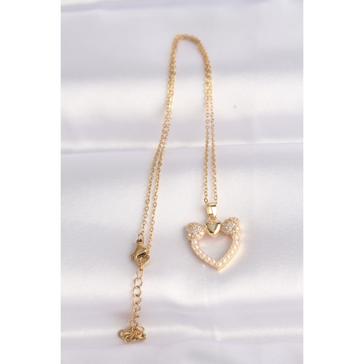 316L Stainless Steel Chain Gold-Tone Pearl Detail Zircon Stone Heart Necklace - TJ-BKO8630