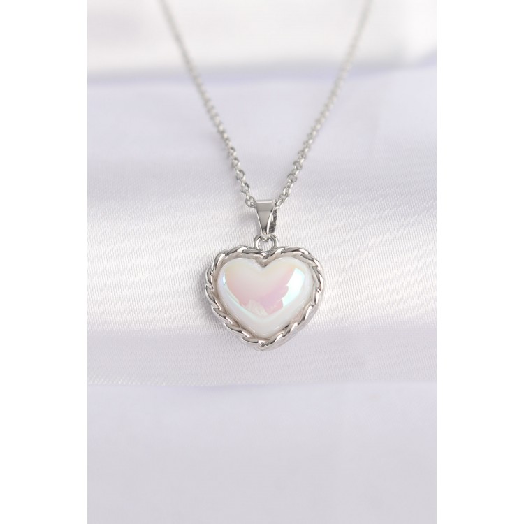 316L Stainless Steel Chain Silver-Tone White Stone Domed Heart Necklace - TJ-BKO8631