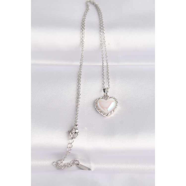 316L Stainless Steel Chain Silver-Tone White Stone Domed Heart Necklace - TJ-BKO8631