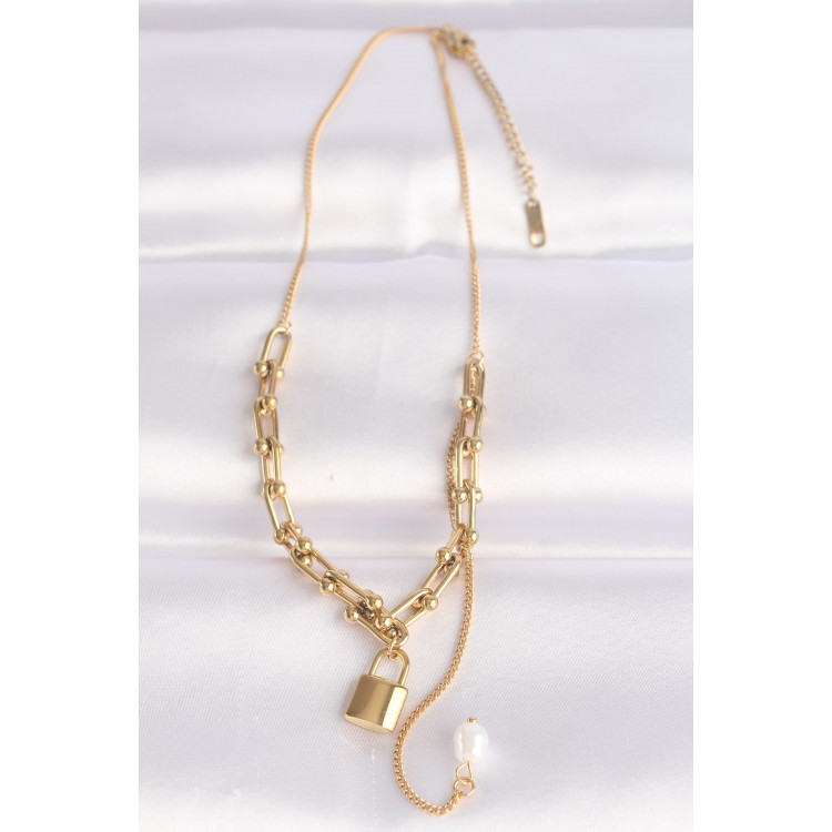 316L Stainless Steel Chain Gold-Tone Tiffany Chain Love Engraved Lock Necklace - TJ-BKO8632