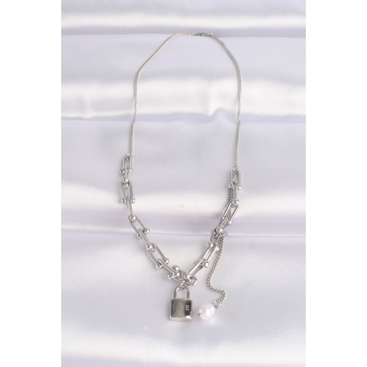 316L Stainless Steel Chain Silver-Tone Tiffany Chain Love Engraved Lock Pendant Necklace - TJ-BKO8633