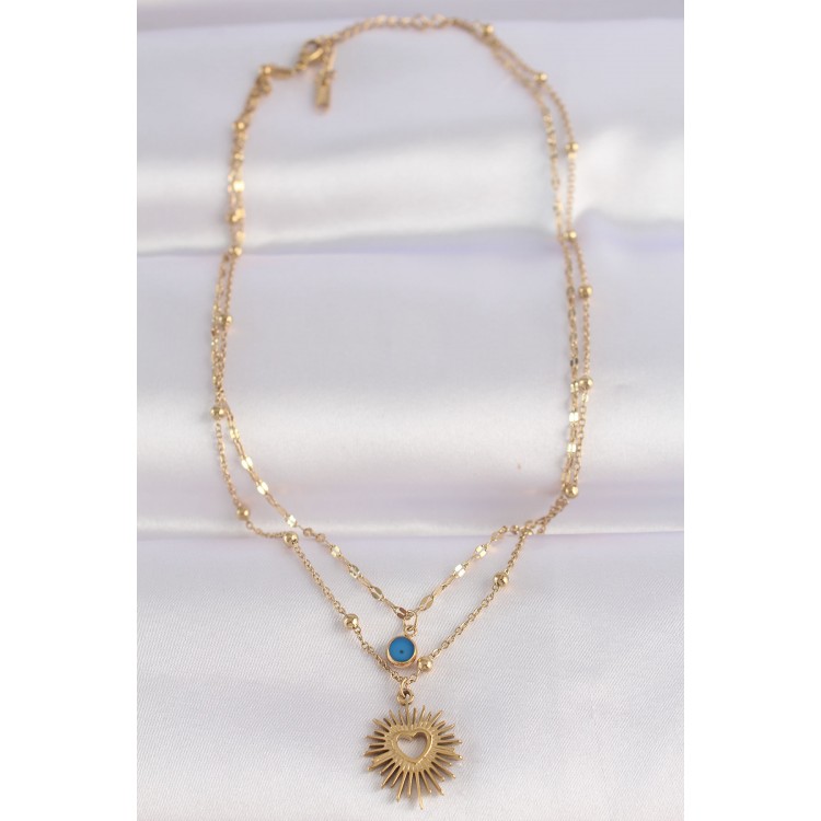 316L Stainless Steel Chain Gold-Tone Evil Eye Bead Detail Heart Sun Pendant - TJ-BKO8636