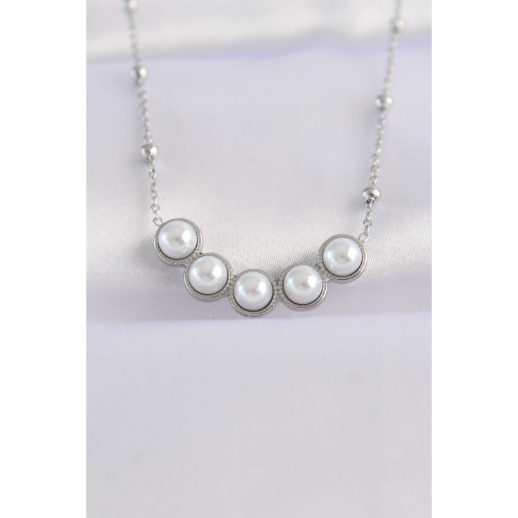 316L Stainless Steel Chain Silver-Tone Sequential Pearl Stone Necklace - TJ-BKO8654