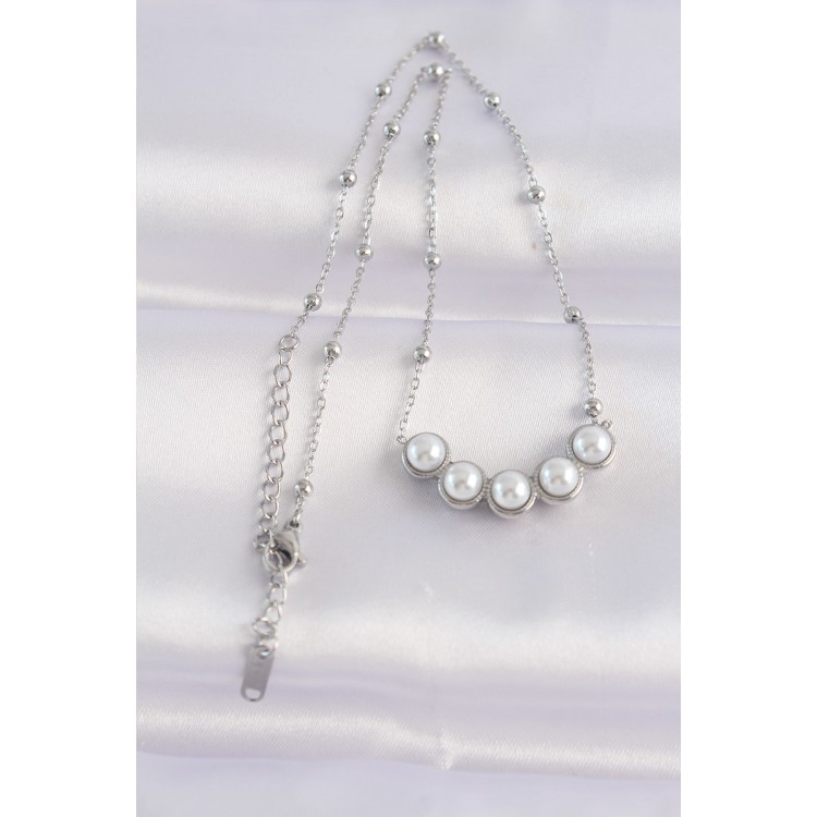 316L Stainless Steel Chain Silver-Tone Sequential Pearl Stone Necklace - TJ-BKO8654