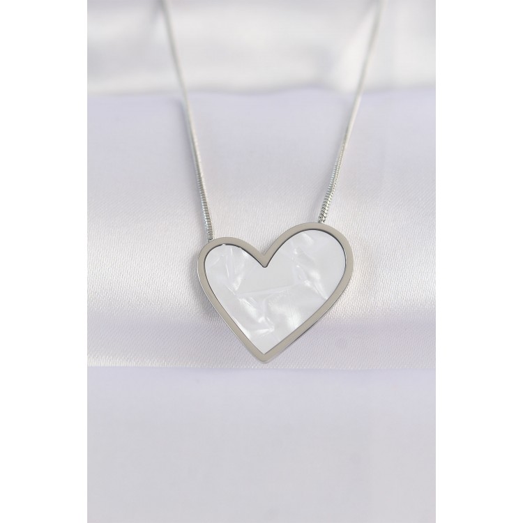 316L Stainless Steel Chain Silver-Tone Marble Pattern Heart Necklace - TJ-BKO8656