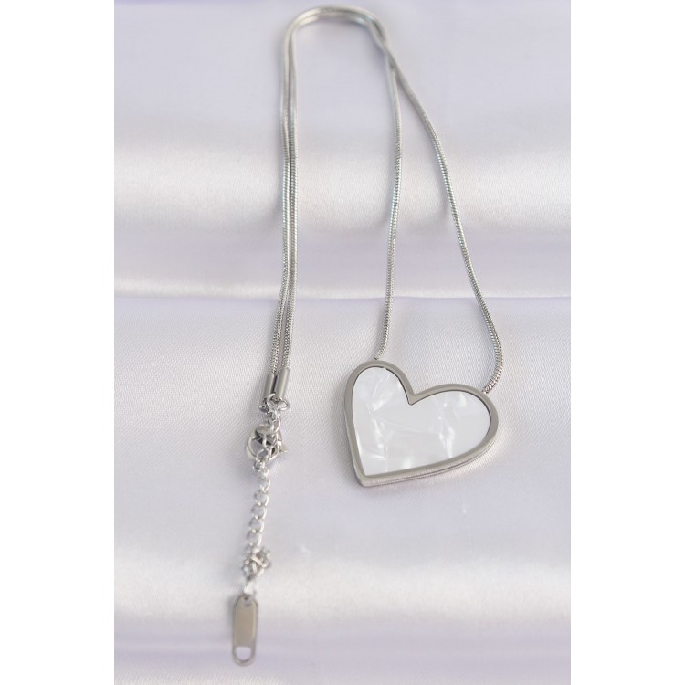 316L Stainless Steel Chain Silver-Tone Marble Pattern Heart Necklace - TJ-BKO8656