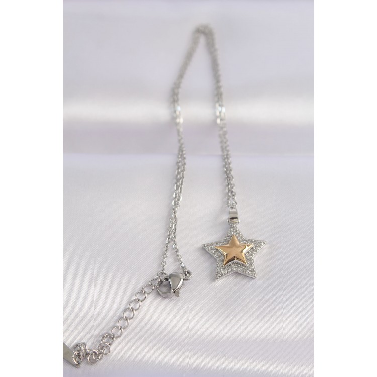 316L Stainless Steel Chain Silver Color Zircon Stone Design Gold Color Star Necklace - TJ-BKO8662