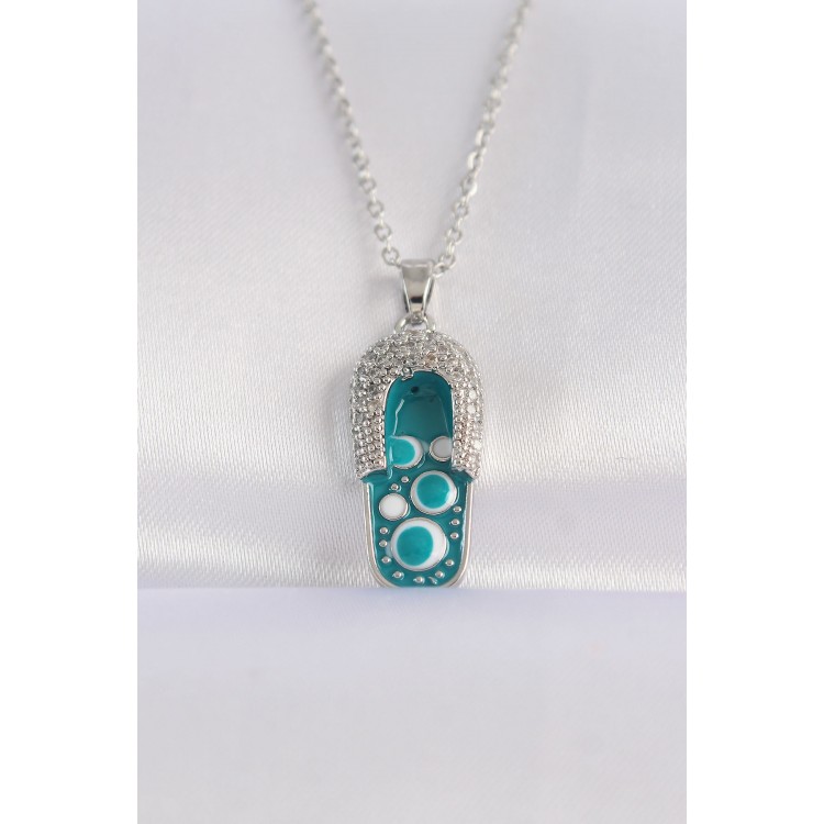 316L Stainless Steel Chain Zircon Stone Silver-Colored Evil Eye Slipper Design Necklace - TJ-BKO8665