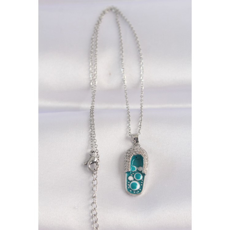 316L Stainless Steel Chain Zircon Stone Silver-Colored Evil Eye Slipper Design Necklace - TJ-BKO8665