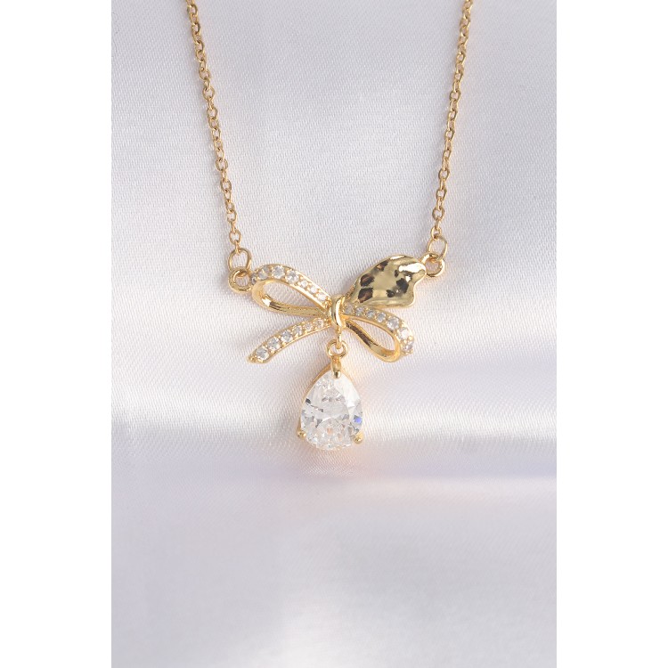 316L Steel Chain Gold-Tone Zircon Stone Drop Detail Bow Necklace - TJ-BKO8690