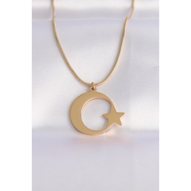316L Stainless Steel Chain Gold Color Crescent Moon Star Unisex Necklace - TJ-BKO8699