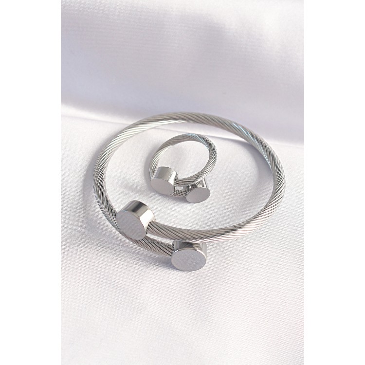 316L Stainless Steel Silver-Colored Oval Accessory Twisted Model Bracelet and Ring Set - TJ-EB3653