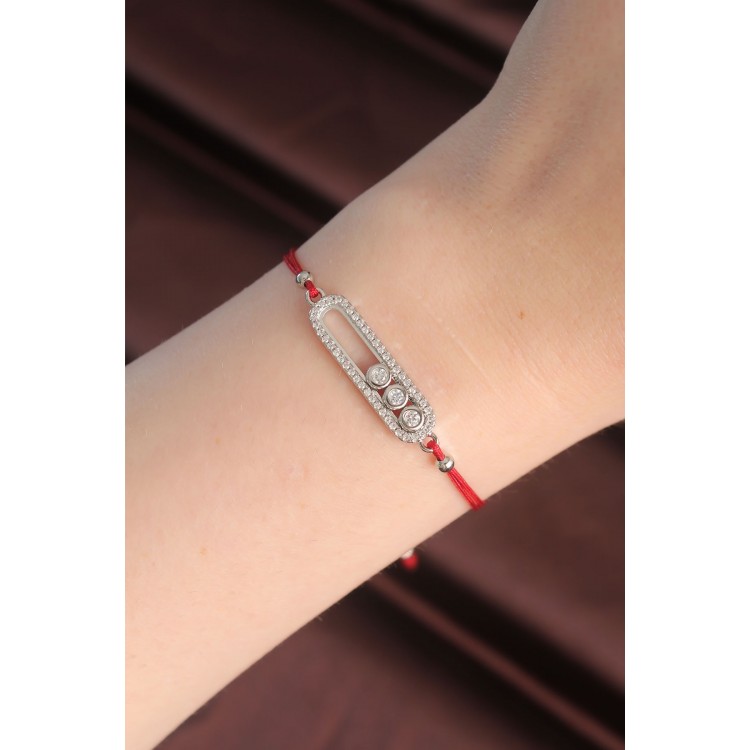 Messika Model Silver-Colored Zircon Stone Design Red Cord Elevator Bracelet - TJ-BB6056