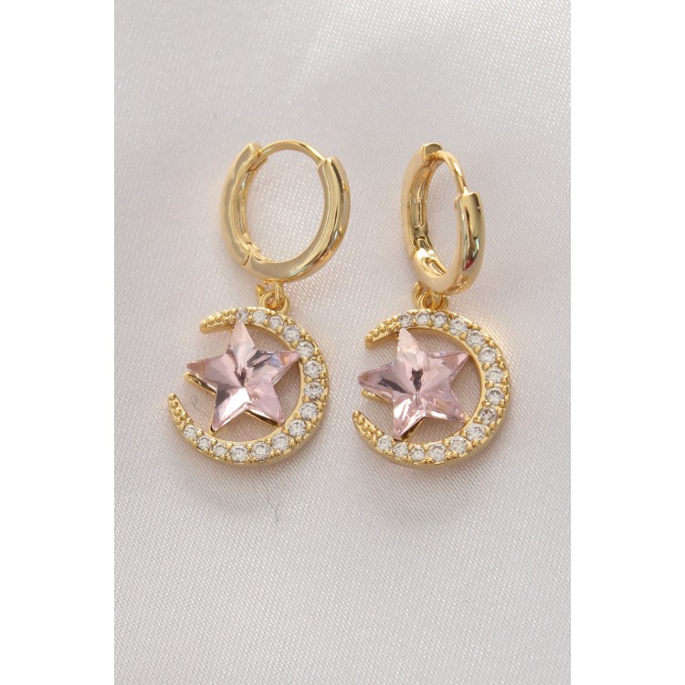 Gold-Plated Pink Zircon Star Detail Moon Earrings - TJ-BKP8965 Gold-Plated Pink Zircon Star Detail Moon Earrings - TJ-BKP8965