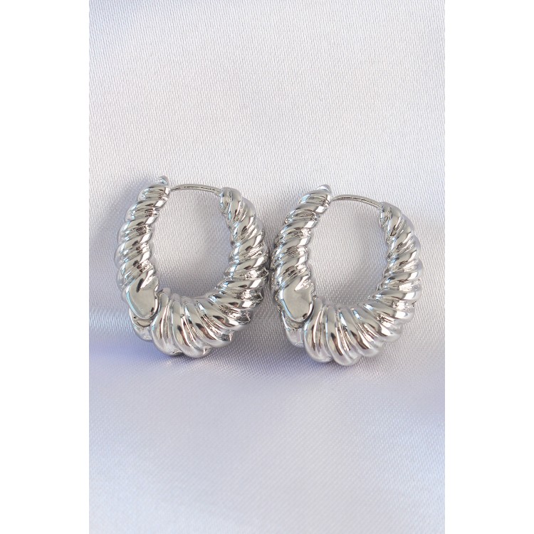 Rice Silver Color Notched Detail Domed Hoop Earrings - TJ-BKP8973 Rice Silver Color Notched Detail Domed Hoop Earrings - TJ-BKP8973