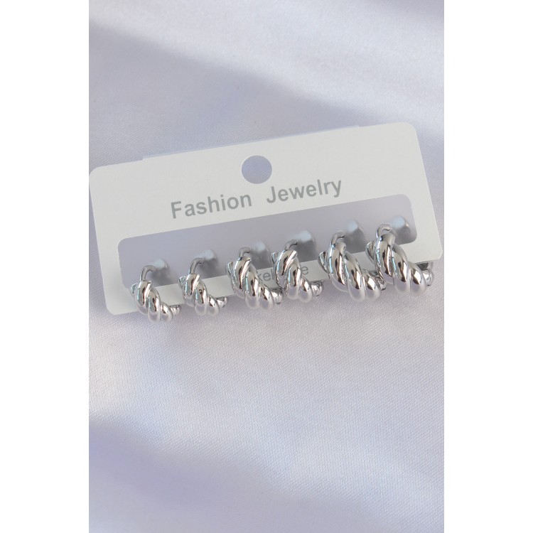 Rice Silver Color Minimal Ridged Earring Set - TJ-BKP8991 Rice Silver Color Minimal Ridged Earring Set - TJ-BKP8991