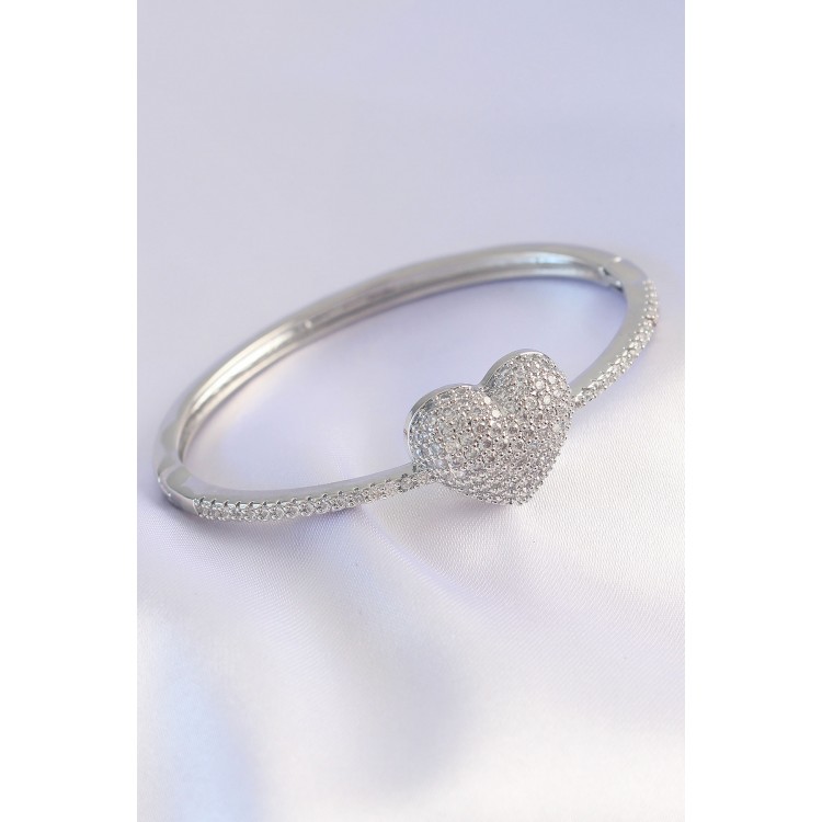 VIP Series Brass Zircon Stone Silver Color Heart Model Cuff - TJ-BB6082