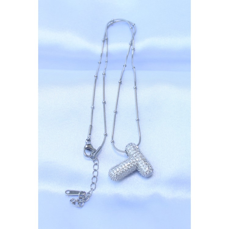 316L Stainless Steel Chain with Zircon Stones, T-Shaped, Silver-Colored Bubble Necklace - TJ-BKO8721
