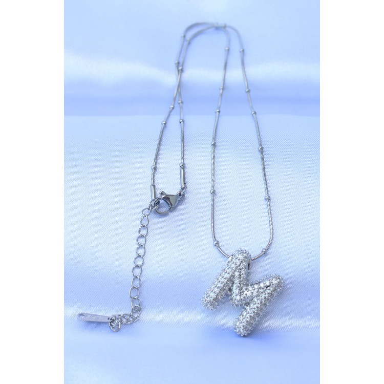 316L Stainless Steel Chain with Zircon Stones, M Letter, Silver-Colored Bubble Necklace - TJ-BKO8727