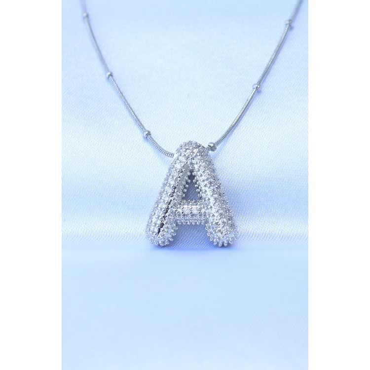 316L Stainless Steel Chain with Zircon Stones, A Letter, Silver-Colored Bubble Necklace - TJ-BKO8729