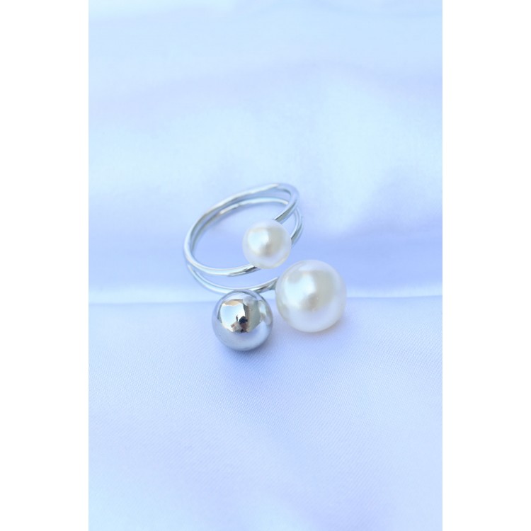 Rice Silver Color Adjustable Pearl Stone Ring - TJ-BYK3179