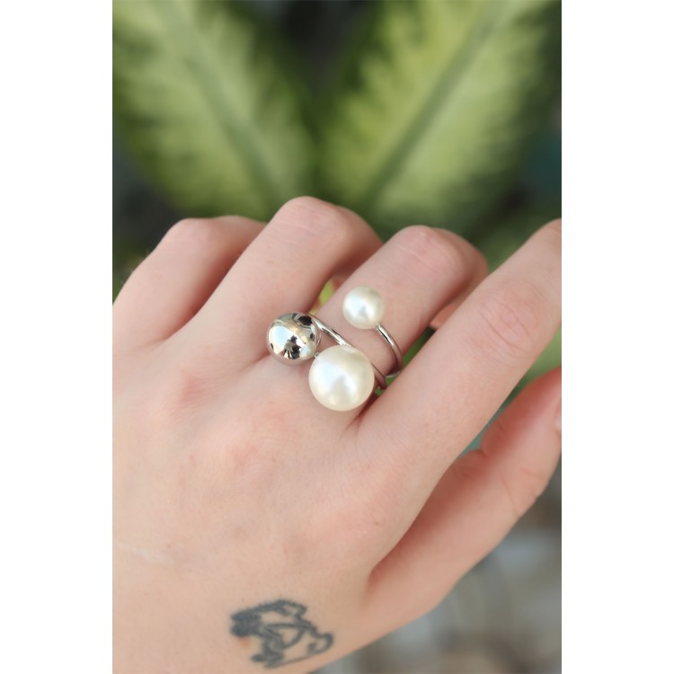 Rice Silver Color Adjustable Pearl Stone Ring - TJ-BYK3179