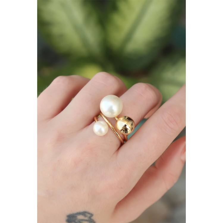 Gold-Tone Adjustable Pearl Stone Ring - TJ-BYK3180
