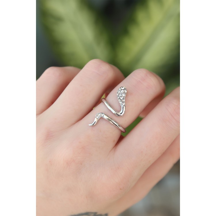 Adjustable Silver-Tone Zircon Stone Snake Ring - TJ-BYK3187 Adjustable Silver-Tone Zircon Stone Snake Ring - TJ-BYK3187
