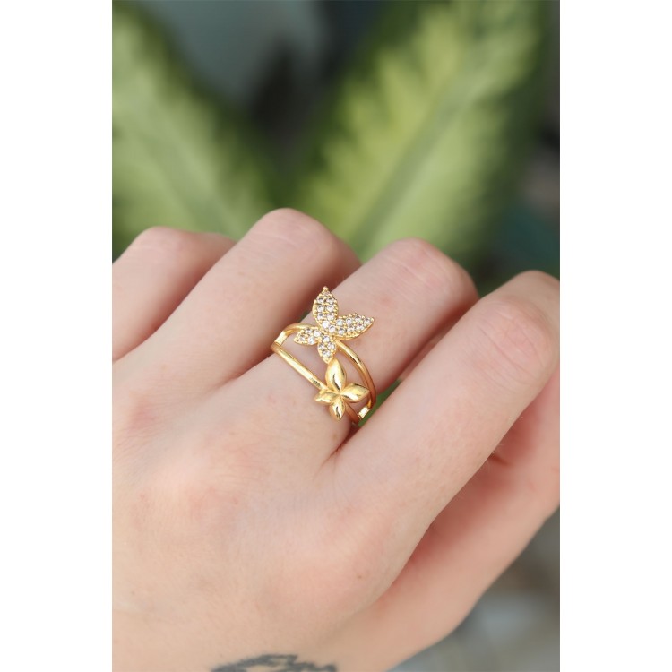 Gold-Tone Adjustable Zircon Stone Butterfly Ring - TJ-BYK3190