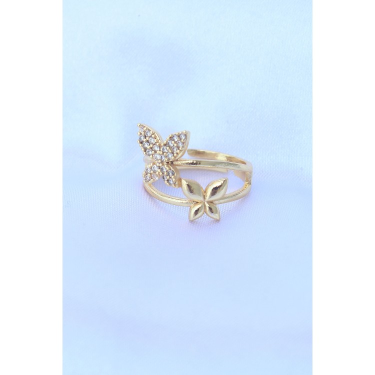 Gold-Tone Adjustable Zircon Stone Butterfly Ring - TJ-BYK3190