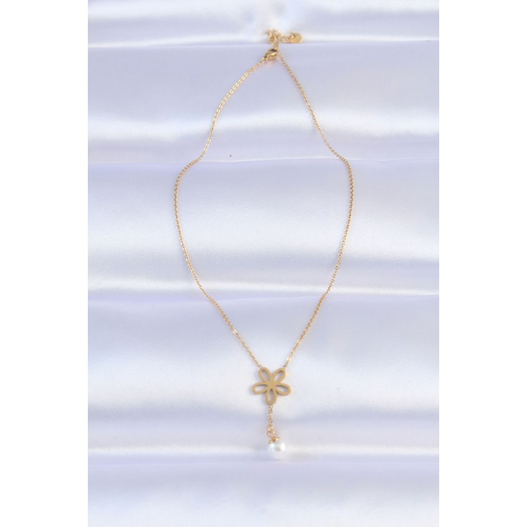 316L Steel Chain Gold Color Pearl Detail Flower Necklace - TJ-BKO8730