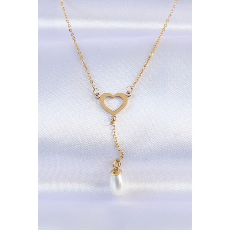316L Stainless Steel Chain Gold Color Pearl Stone Detail Heart Necklace - TJ-BKO8731