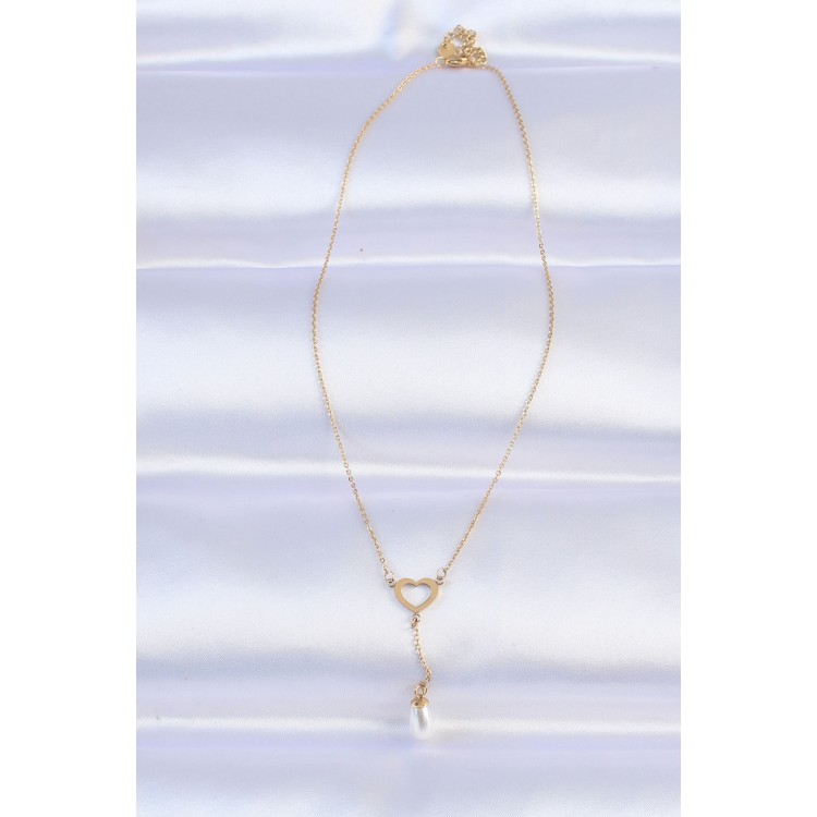 316L Stainless Steel Chain Gold Color Pearl Stone Detail Heart Necklace - TJ-BKO8731