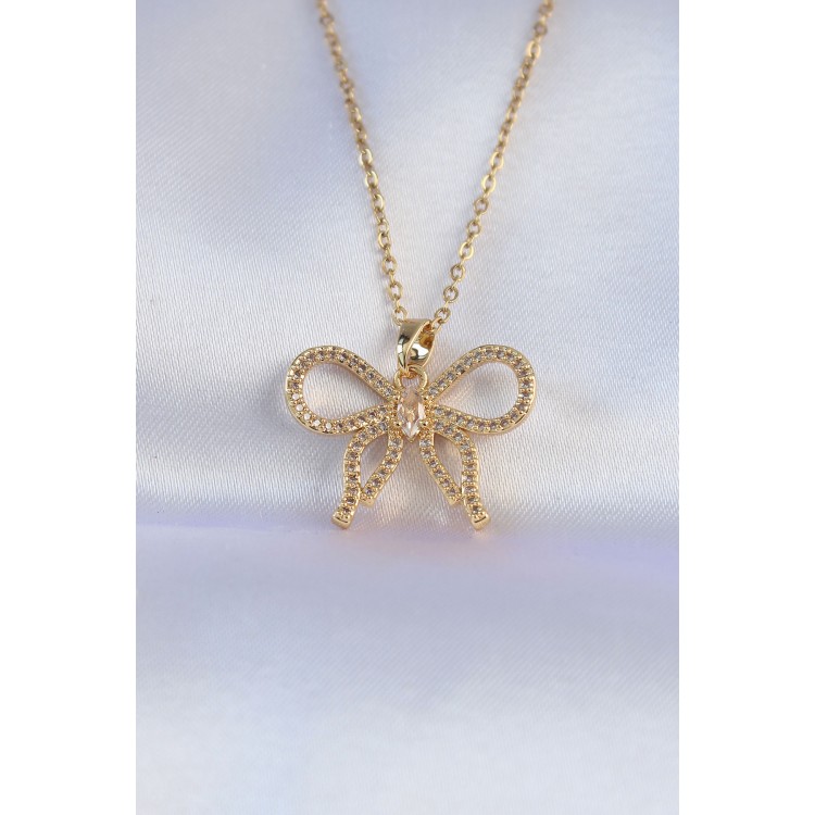 316L Steel Chain Gold Color Zircon Stone Bow Necklace - TJ-BKO8742