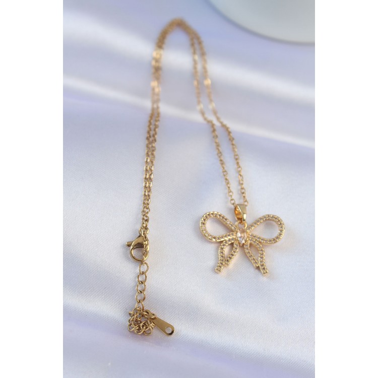 316L Steel Chain Gold Color Zircon Stone Bow Necklace - TJ-BKO8742