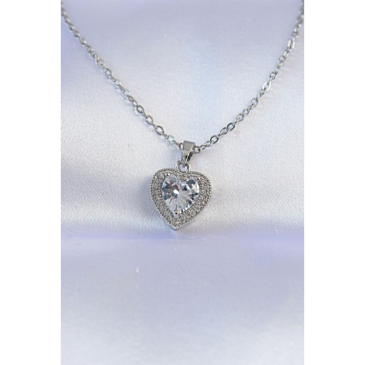 316L Stainless Steel Chain Silver-Tone Zircon Stone Charm Heart Necklace - TJ-BKO8744