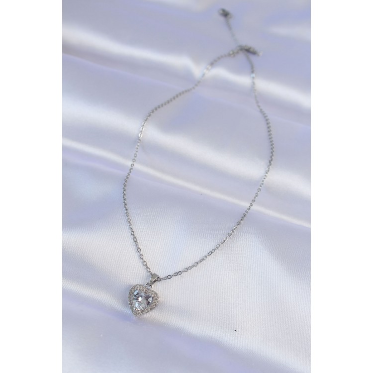 316L Stainless Steel Chain Silver-Tone Zircon Stone Charm Heart Necklace - TJ-BKO8744