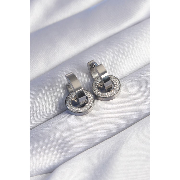 316L Stainless Steel Silver-Colored Zircon Stone Interlocking Oval Earrings - TJ-BKP9013