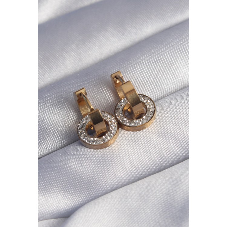 316L Steel Gold Color Zircon Stone Interlocking Oval Earrings - TJ-BKP9014