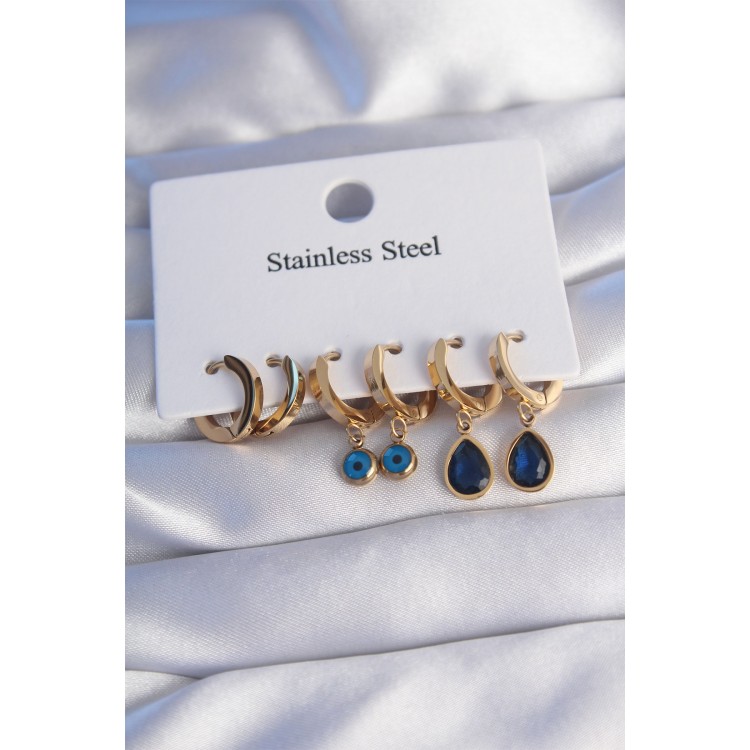 316L Steel Gold Color Oval Design Blue Zircon Stone Drop Model Earring Set - TJ-BKP9028 316L Steel Gold Color Oval Design Blue Zircon Stone Drop Model Earring Set - TJ-BKP9028