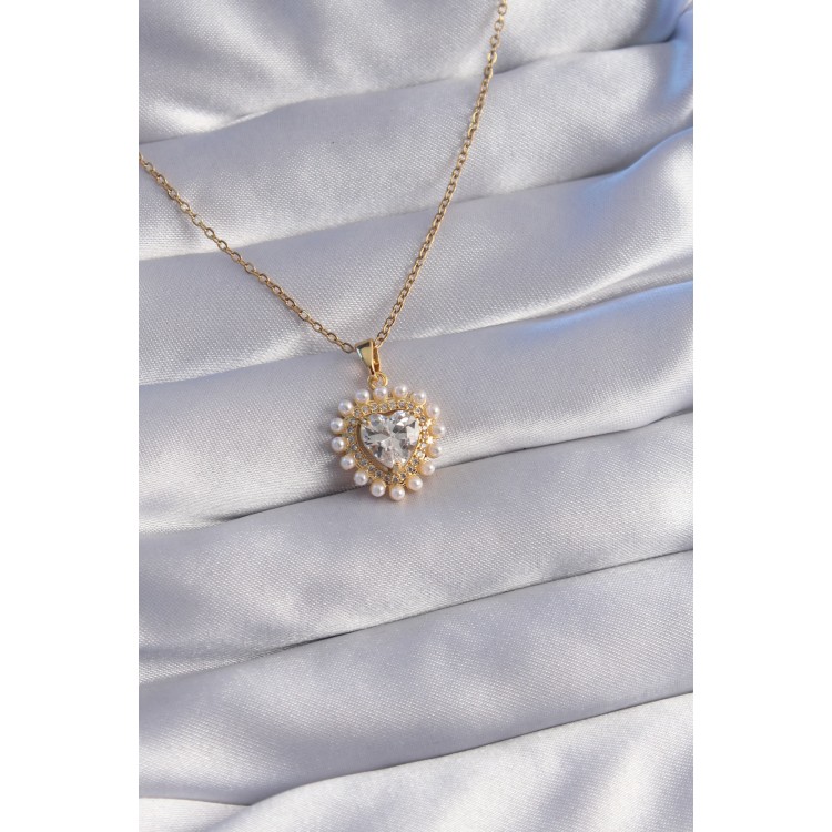 316L Stainless Steel Chain Gold-Tone Pearl Zircon Stone Heart Design Necklace - TJ-BKO8762