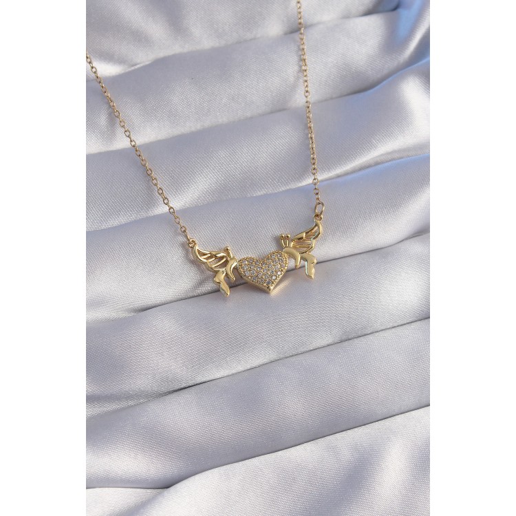 316L Stainless Steel Chain Gold Color Zircon Stone Heart Model Butterfly Detail Necklace - TJ-BKO8773