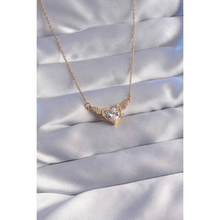 316L Stainless Steel Chain Gold-Colored Zircon Stone Winged Heart Necklace - TJ-BKO8778