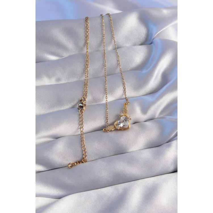 316L Stainless Steel Chain Gold-Colored Zircon Stone Winged Heart Necklace - TJ-BKO8778