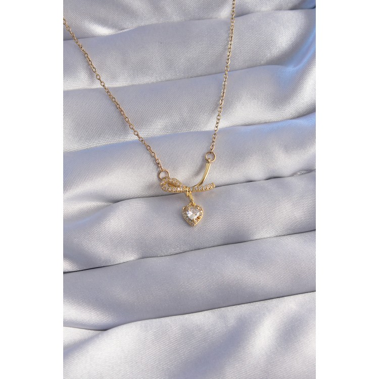 316L Stainless Steel Chain Gold Color Zircon Stone Half Bow Heart Necklace - TJ-BKO8789