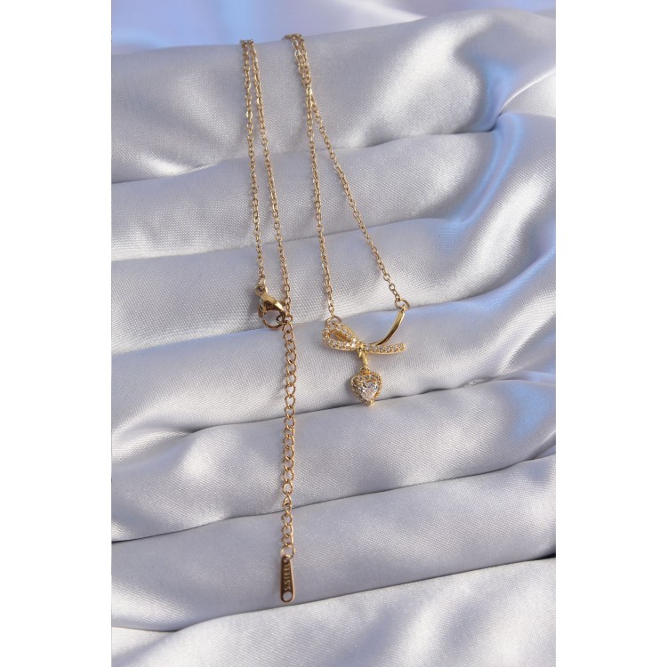 316L Stainless Steel Chain Gold Color Zircon Stone Half Bow Heart Necklace - TJ-BKO8789
