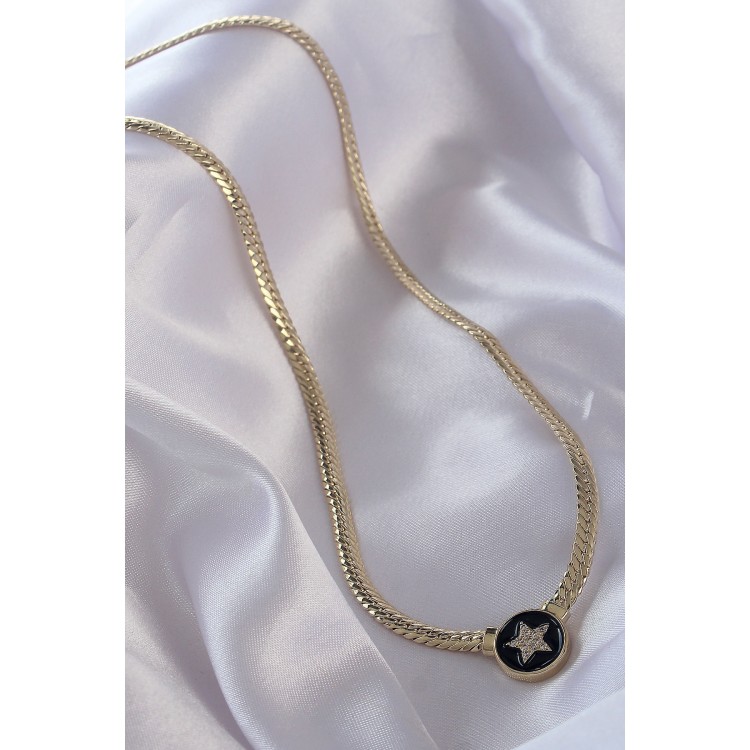 Gold-Colored Zircon Stone Star Model Black Enamel Crushed Chain Serenay Necklace - TJ-BKO8840