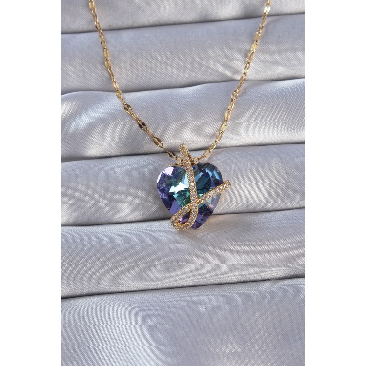 316L Stainless Steel Chain Gold-Colored Zircon Stone Anna Heart Necklace - TJ-BKO8862