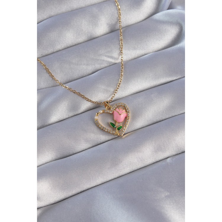 316L Stainless Steel Chain Gold-Colored Zircon Stone Heart-Shaped Pink Rose Design Necklace - TJ-BKO8864